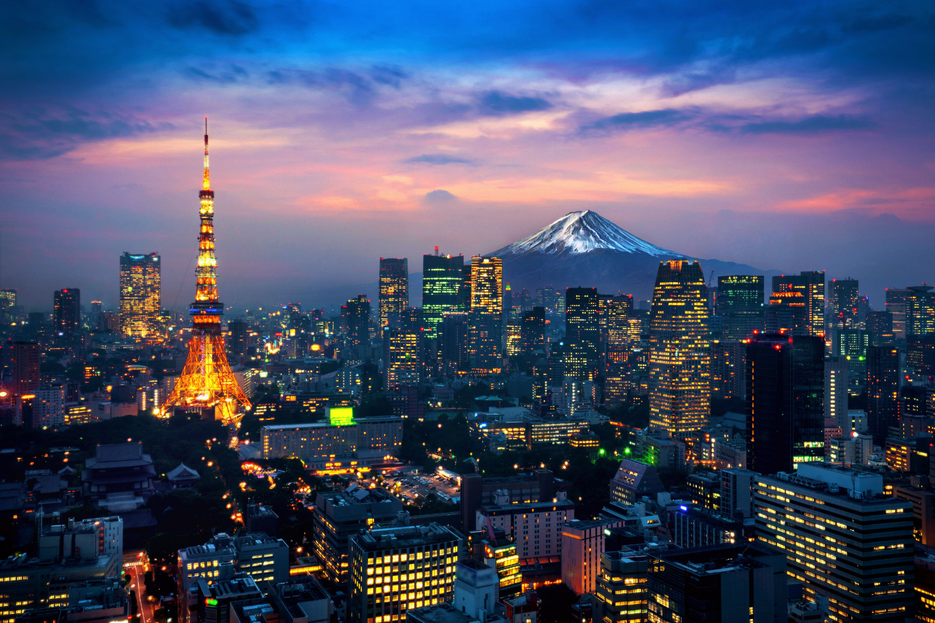 Panorama japońskiego miasta z górą widoczną z w oddali