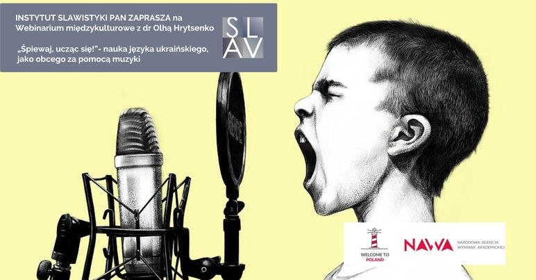 Rysunkowy chłopiec śpiewa do mikrofonu; na tel obrazka plansza z logo Instytutu Slawistyki PAN oraz programu NAVA