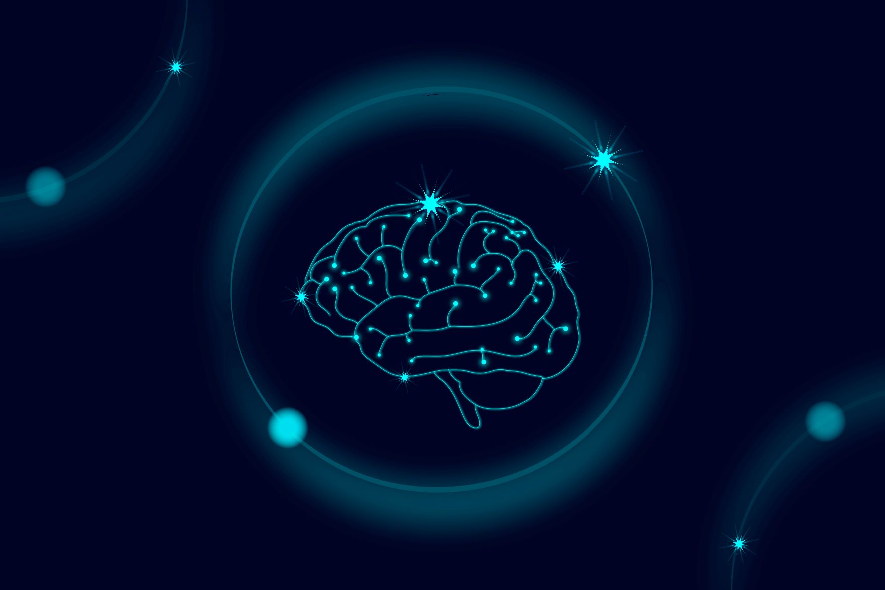 Rysunek zarysu ludzkiego mózgu ze świecącymi punktami