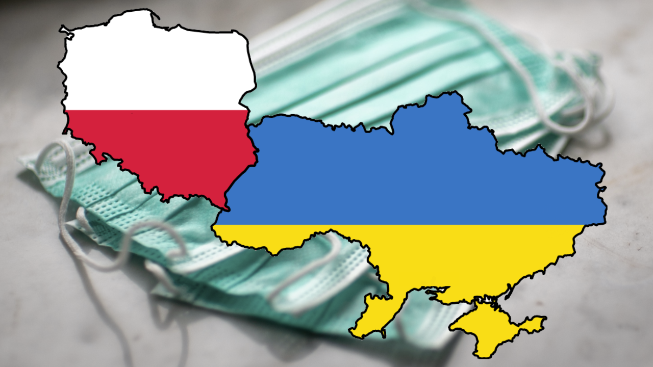 Ilustracja przedstawiająca mapę Polski i Ukrainy na tle maseczki medycznej